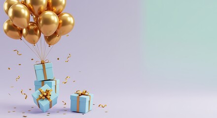 Celebration scene with pastel presents and golden balloons soaring upwards