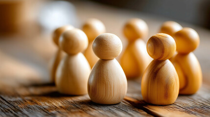 Wooden figurines symbolize team in discussion, collaborative environment fosters creative solutions, ideas born through conversation and shared experiences, defocused symbolic repr