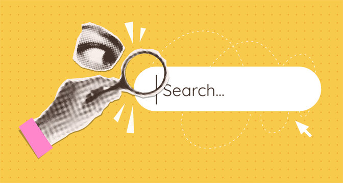Cover with browser bar, toolbar. Human hand with magnifying glass in dotted pop art style. Retro halftone search bar with paper collage eye. Vector illustration for mixed media design.