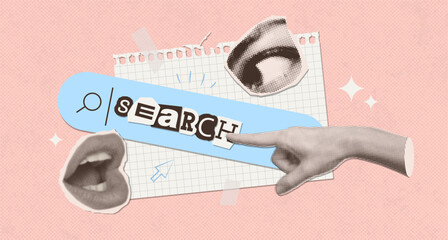 Search bar in halftone collage style with hand, mouth and eye around. AI or voice assistant concept. Collage style search page on background with torn paper. Creative prompt concept. Vector