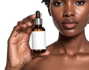 Woman's hand holds amber dropper bottle with blank label