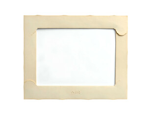 A vintage, rectangular, light beige cardboard photo frame with cut corners