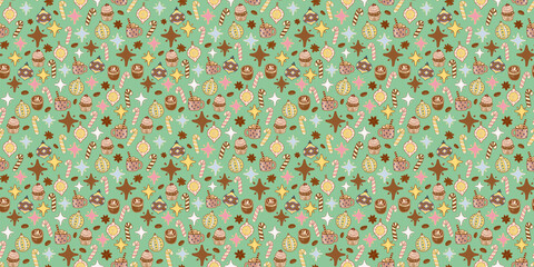 A seasonal winter pattern with cartoon food and drinks. Cups of hot cocoa and coffee, pastries, cakes, sweets, lollipops, and treats. A cheerful festive confetti print. Green festive wallpaper