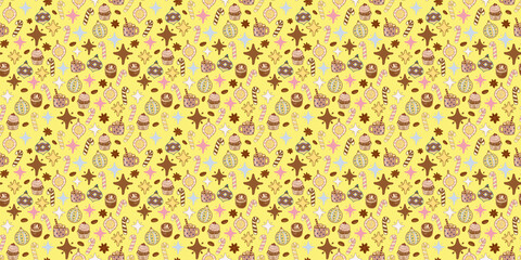 A yellow, multicolored festive horizontal pattern. Christmas symbols and elements, Christmas tree decorations and sweets, stars and snowflakes print on vintage fabric and retro paper.