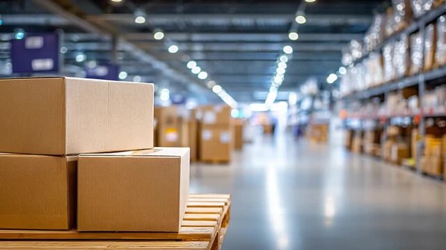 Warehouse Inventory: A meticulous depiction of a modern warehouse, revealing rows of organized cardboard boxes ready for dispatch, showcasing efficient storage and logistical operations.