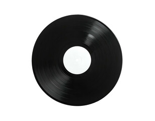 Black vinyl record with blank white center on black background