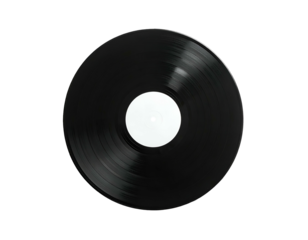 Black vinyl record with blank white center on black background