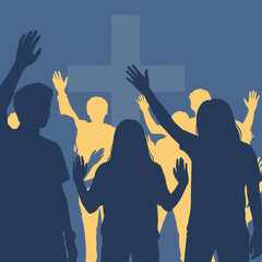 Christian worship young people silhouette lifting hands vector illustration duo color design