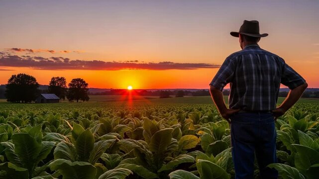 Adult male farmer surveys his tobacco field at sunset. The same figure is repeated across the vast landscape, bathed in golden light under a dramatic sky