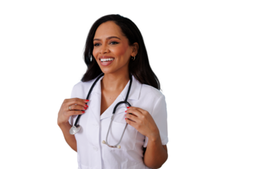 Happy female doctor wearing a white uniform and stethoscope, standing with a cheerful expression, transparent background