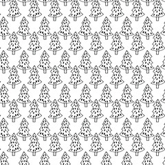 Hand drawn black and white christmas tree seamless pattern.