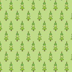 Hand drawn green cute christmas tree seamless pattern.