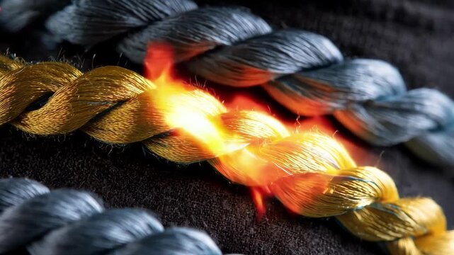 Macro shot of fireproof embroidery threads intertwined with protective gear fabric illustrating their superior heat tolerance and flameresistant properties for safety apparel.