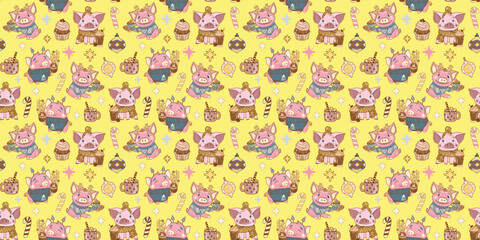 A seasonal winter pattern with cartoon animals. Pigs in sweaters holding cups of hot Christmas drinks. Yellow festive wallpaper.