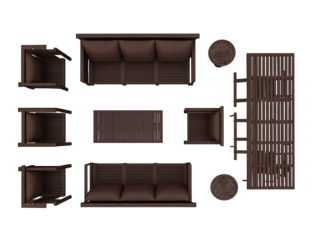 generate me a top down view of dark brown wooden patio furniture realistic on white background