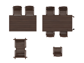 generate me a top down view of dark brown wooden patio furniture realistic on white background