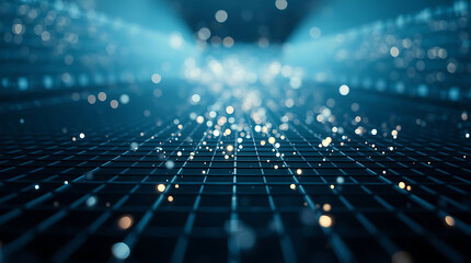 Abstract digital grid with glowing blue particles and bokeh lights in a futuristic technology concept background