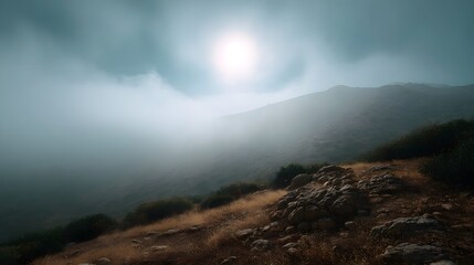 Misty mountain landscape with the sun peeking through clouds above a rocky slope