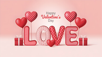 Valentine's day celebration with red heart balloons and gifts around love text on pink background
