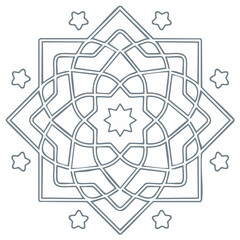 Fototapeta premium Geometric mandala design with star accents in outline style on a white backdrop