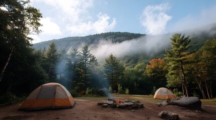 A misty mountain morning campsite with tents and a glowing campfire