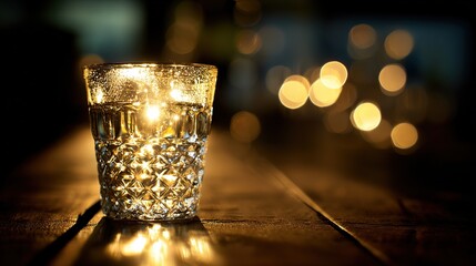 Premium beverage visual: clear Sambuca in crystal glass, optical effects with condensation and liquid refraction, dark moody background
