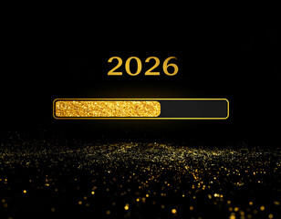 Goldene 2026 Ladeleiste mit Glitzerpartikeln auf schwarzem Hintergrund