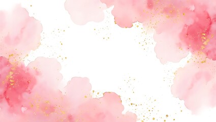 Pink watercolor clouds with gold sparkles on white background