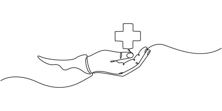 Hand holding medical cross symbol in one continuous line drawing , Continuous line drawing of palm hand holding medical cross and heart love. Vector illustration, continuous one line art drawing of