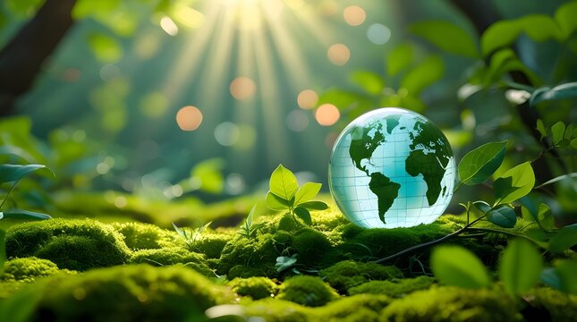 Clear Glass Globe of the World Resting on Lush Green Moss in a Sun-Drenched Forest to Represent Environmental Conservation - Powered by Adobe