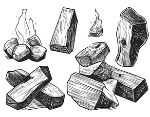 Hand-drawn sketches of firewood and a campfire
