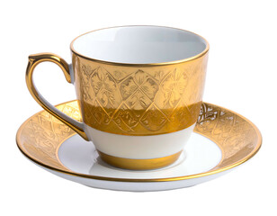 Ornate gold-embossed porcelain cup and saucer, white interior