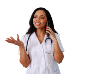 Female doctor talking on smartphone, providing telemedicine consultation, virtual healthcare communication, transparent background