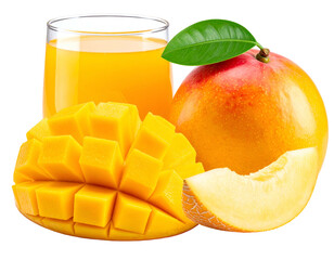 Refreshing yellow mango juice with fresh fruit slices