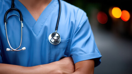 Male healthcare professional in blue scrubs wears stethoscope standing in hospital