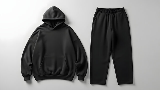Black Oversized Hoodie and Sweatpants Mockup. Blank Fleece Tracksuit Set Template for Apparel Design and Branding Presentation.