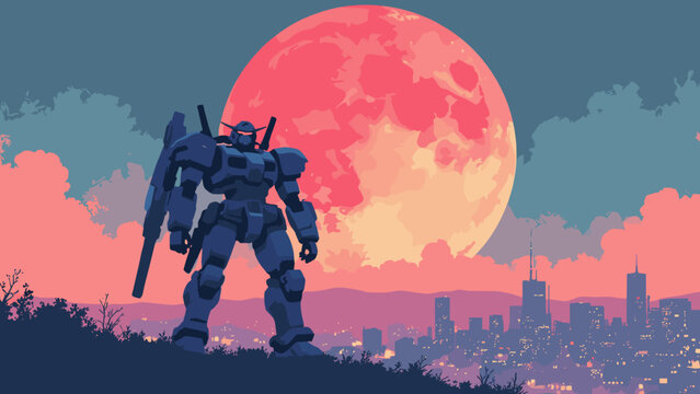 A mecha robot silhouette standing guard over a futuristic Tokyo, giant red moon overhead. Anime style flat vector art