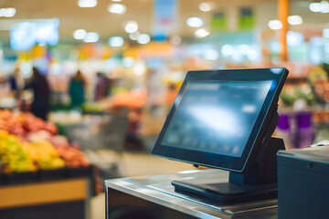 Grocery store checkout area with a digital register near fresh produce section during daytime