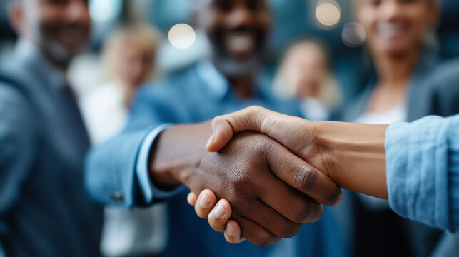 Diverse faceless business team closing deal with handshake, fostering collaboration and trust, defocused partnership agreement, professional connection, corporate cooperation gestu