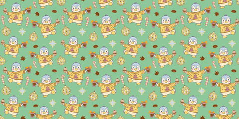 A seasonal winter pattern with cartoon animals. A penguin in a yellow sweater holding a cup of hot Christmas drink. Green festive wallpaper.