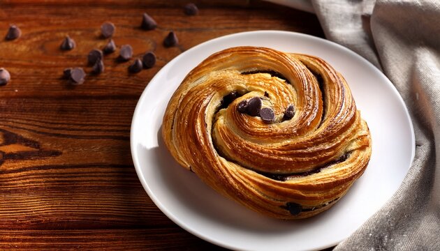 Golden Chocolate Twist Pastry Torsade On A White Plate Fresh Puff Pastry With Chocolate Chips Served On A Wooden Table