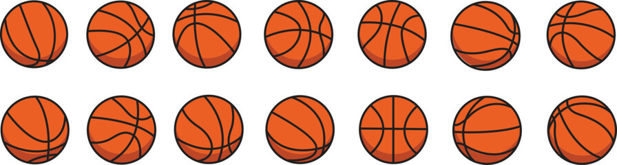 Fototapeta premium Set of basketball icons in outline, fill and color. Basketball icons set in different styles- stroke, outline, black, fill and orange left oriented isolated on white background