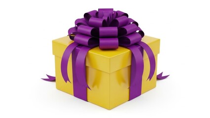 Yellow gift box with purple bow isolated on white background