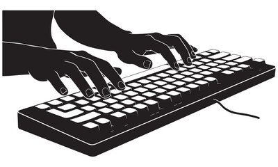 Close-up of hands typing on a computer keyboard in a modern workspace setting