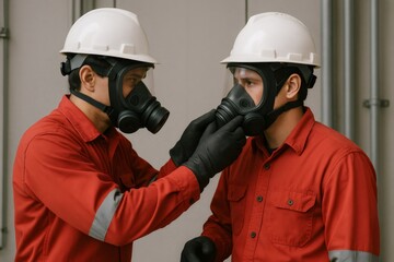 Industrial worker wearing hard hat and uniform adjusting colleague's full face respirator mask, ensuring proper fit and safety