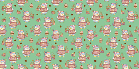 A green cartoon children's pattern featuring a penguin character in a knitted hat. Sweets and funny animals print for textiles and seasonal festival wrapping paper.