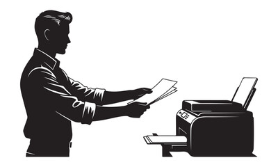 Man in silhouette using a printer with papers