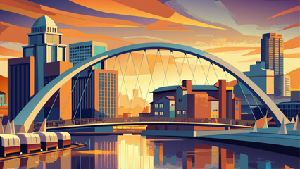 Very beautiful urban view of the iconic Clyde Arch bridge spanning the River Clyde, blending modern engineering with Glasgow’s cityscape under soft daylight and dynamic architectural lines.