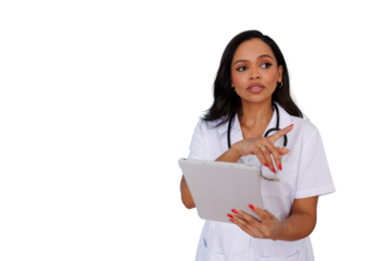 Female doctor or nurse holding a digital tablet, deep in thought, making a hand gesture, on transparent background