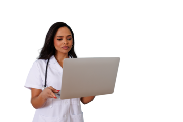 Female doctor using laptop for telemedicine, providing online healthcare consultation and digital medical support on transparent background